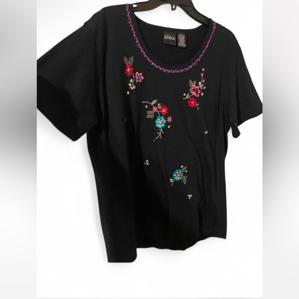 Erika Black Floral Embroidered Short Sleeve Top